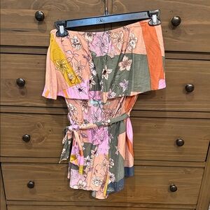 O'Neill Pink Floral Off-Shoulder Romper with Olive and Coral Panels